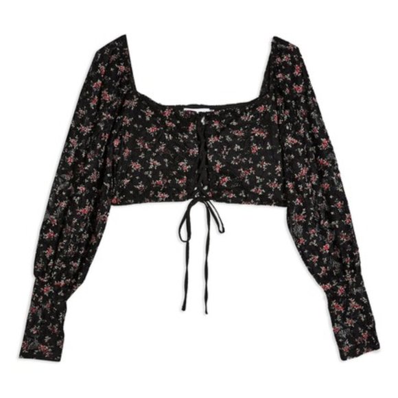 Topshop Ditsy Lace Up Crop Top Black Red Floral 10 - Picture 4 of 12